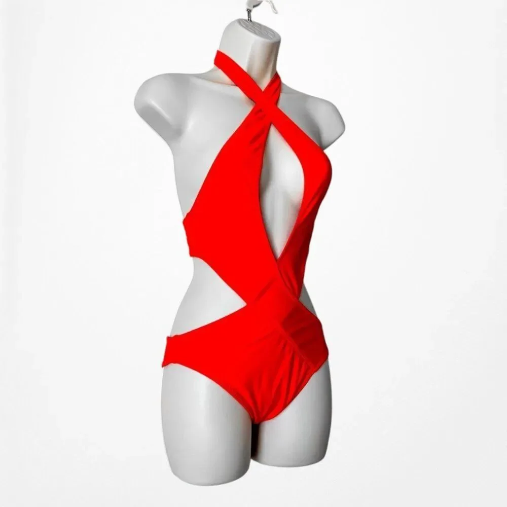 Pretty Little Thing Red Halter Neck Keyhole Cutout One Piece Swimsuit Size S